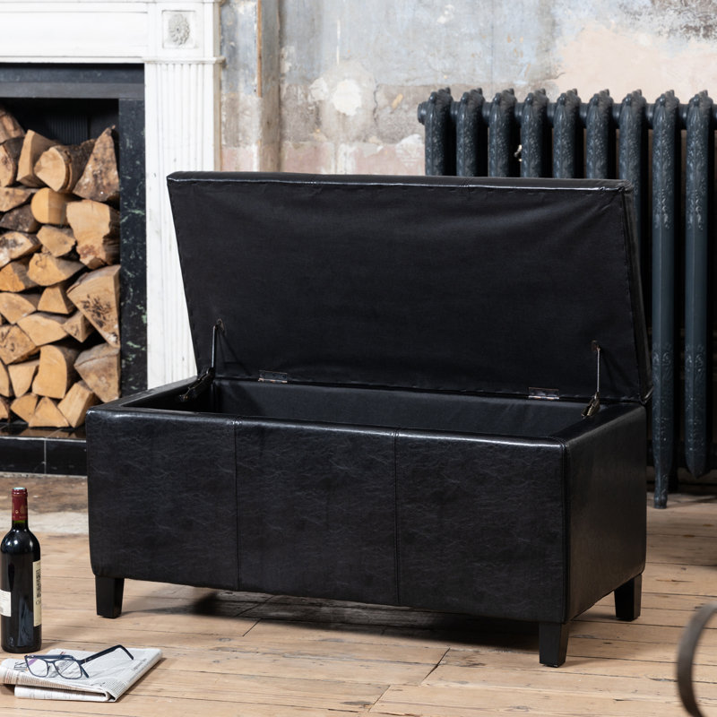 Ambrosino 98cm Wide Faux Leather Rectangle Solid Colour Standard Ottoman with Storage, Black
