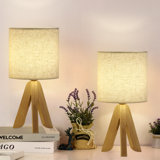 Wooden Tripod Nightstand Lamps With Fabric Linen Shade Set Of 2