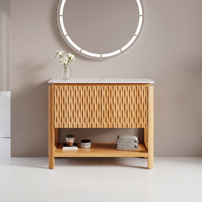 36" Freestanding Modern Fluted Bathroom Vanity Cabinet, Sintered Stone Top, Light Wood, Not Sink Included