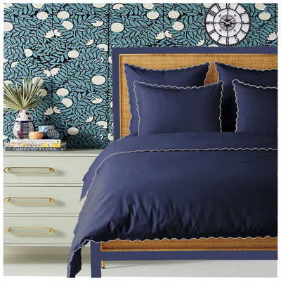 Navy 400TC Cotton Small Scallop Embroidery Duvet Cover Set
