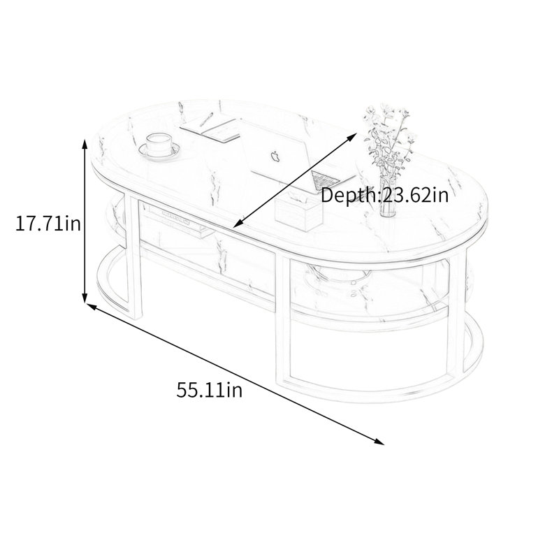 Modern Coffee Table U Shape Steel Frame, 17.71" H x 55.11" L x 23.62" W, White/Black