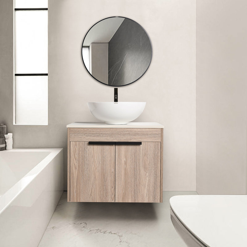 Ensemble de meuble-lavabo simple mural en chêne blanc 24 po avec lavabo en céramique Deonn