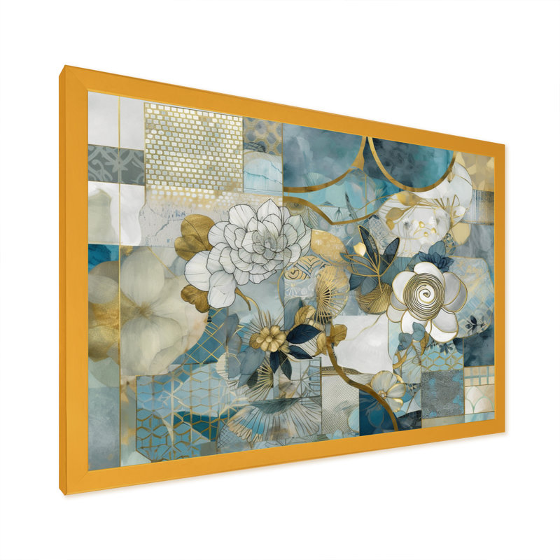 Motif floral en marbre doré bleu II - impression, Cadre doré simple, H 30 po x l 40 po x P 1,5 po