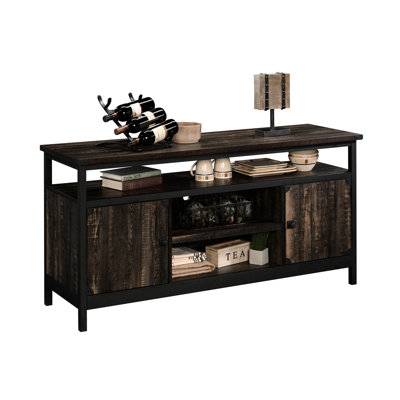Meuble télé de 60 po de style industriel brun, plateau spacieux pour les pièces décoratives, rangement pour média réglable, compartiments de rangement dissimulés, cadre thermolaqué, L 60,24 po x l 19,09 po, H 29,72 po, simple