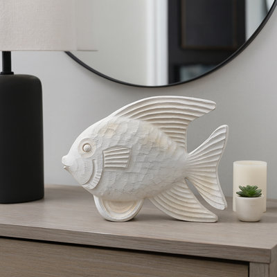 Bywood Minimalist Resin Fish Figurine Object for Home Decor - Decorative Coastal Sculpture for Office, Table, and Living Room Decorations - White