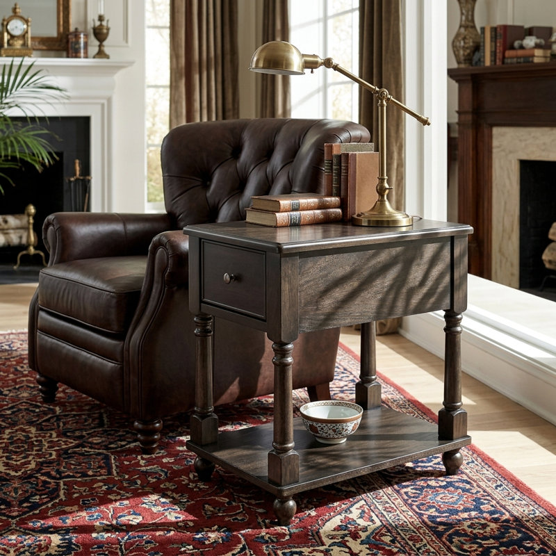 Wexford Collection Rectangular Solid Wood End Table with Drawer and Storage Shelf, Mid-Century Modern Narrow Side Table with 4 Legs for Living Room, Bedroom and Small Spaces Black