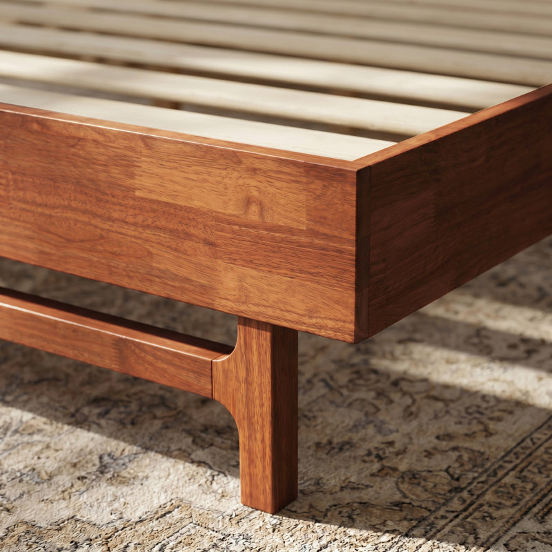Queen Premium Solid Wood Platform Bed Frame, Walnut Finish with Sculpted Spearhead Headboard – Mid-Century Modern Style, 800lbs Capacity, All Mattress Support, No Box Spring Needed