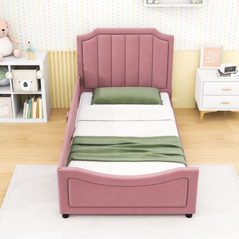 Lit de jour simple rembourré avec tête de lit et pieds centraux, Rose