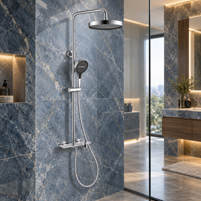 Système de douche à 3 fonctions avec pomme de douche à pluie, douchette et bec de baignoire avec inverseur à bouton-poussoir