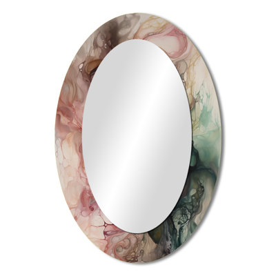 Pink Green Inner Worlds Of Marble I - Abstract Oval Decorative Mirror On Metal