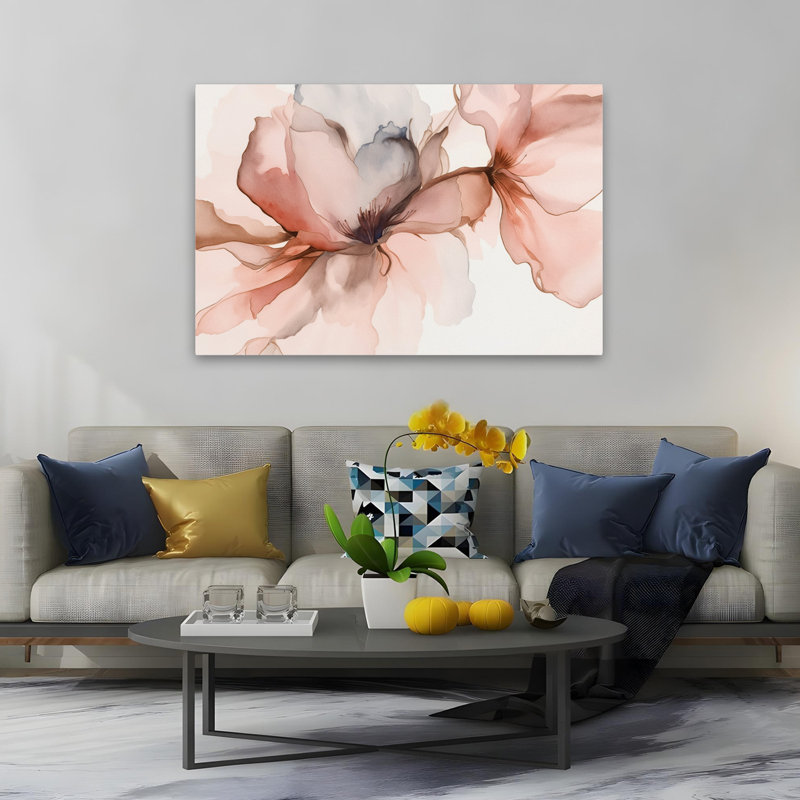 Douces pétales dans des aquarelles douces II - Art floral et aquarelle abstrait, H 40 po x l 60 po