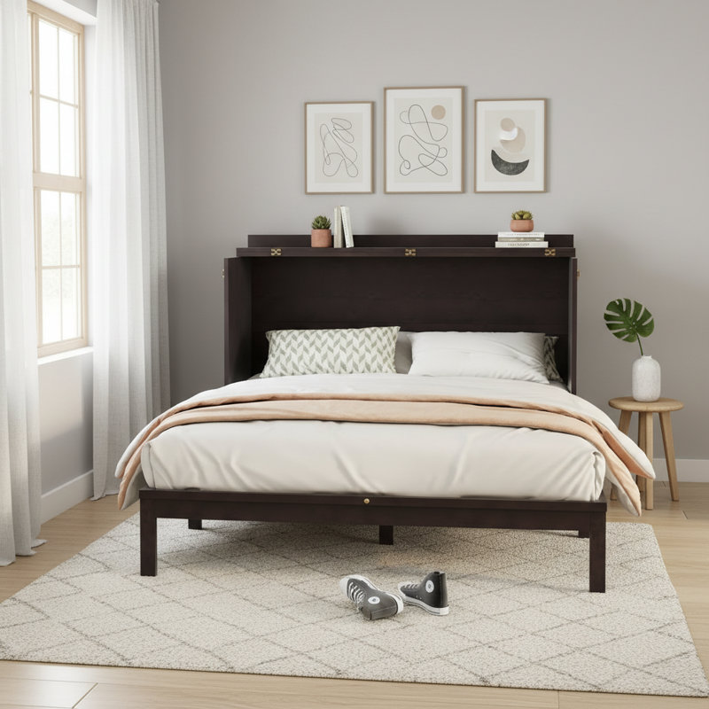 Grand lit escamotable, armoire-lit en bois de pin avec centrale électrique et panneau de décoration en rotin, espresso