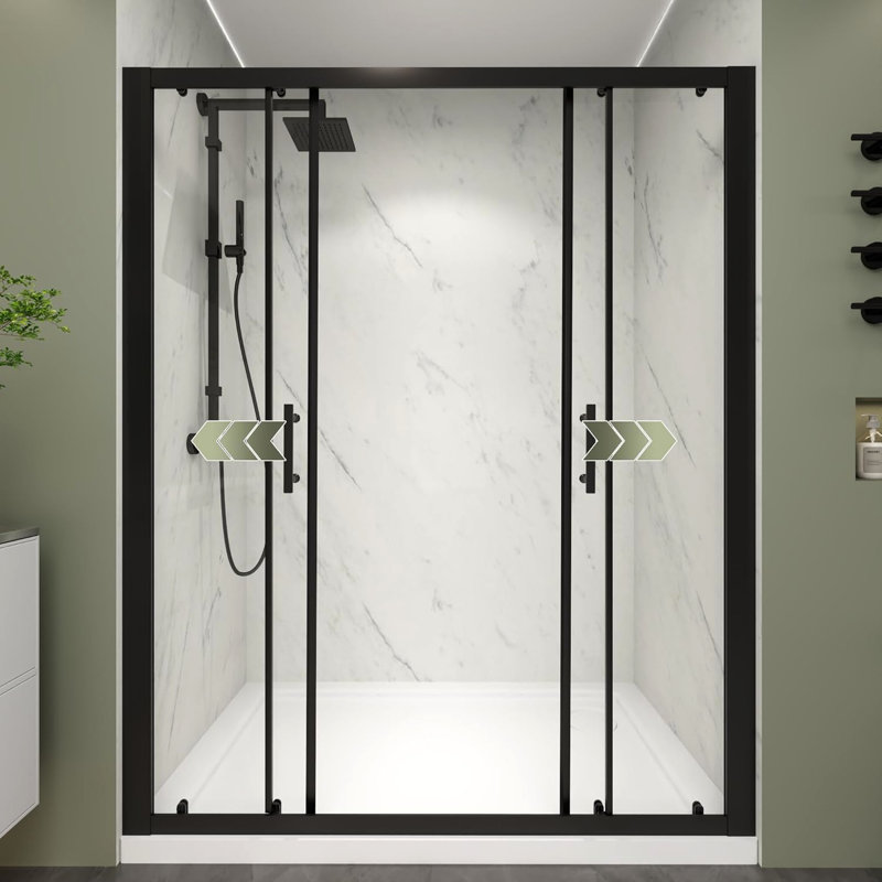 Porte de douche coulissante à double cadre 60 po x l 72 po H noir mat, verre trempé de 1/4 po, entrée large, structure et finition de protection, imperméable et sécuritaire
