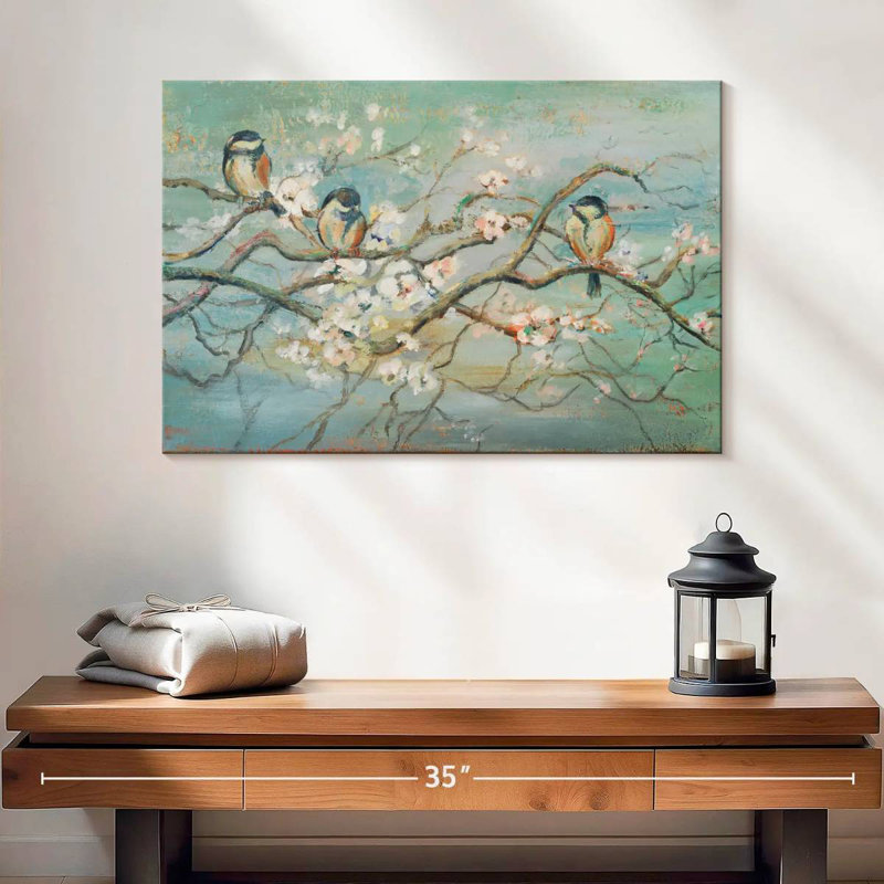 Branche de printemps avec oiseaux, H 16 po x l 24 po
