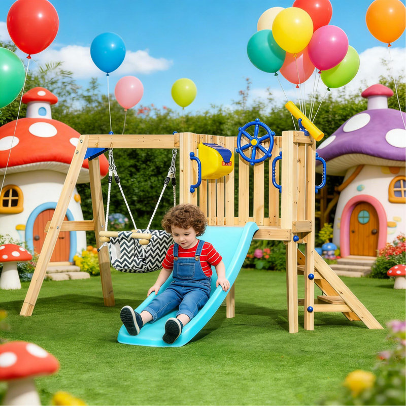 Ensemble de balançoire en métal et en plastique avec glissoire, balançoires à ceinture et auvent - sécuritaire, robuste et portable pour les enfants de 3 à 8 ans