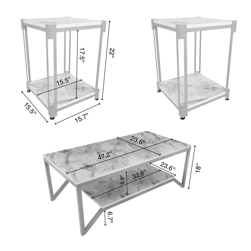 Ensemble de tables basses et tables d'appoint Flora & Zenas, Motif de marbre noir / noir
