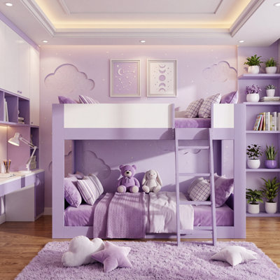 Twin Size Low Convertible Wood Bunk Bed Frame, Features Reversible Ladder & Safety Guardrails, Purple + White