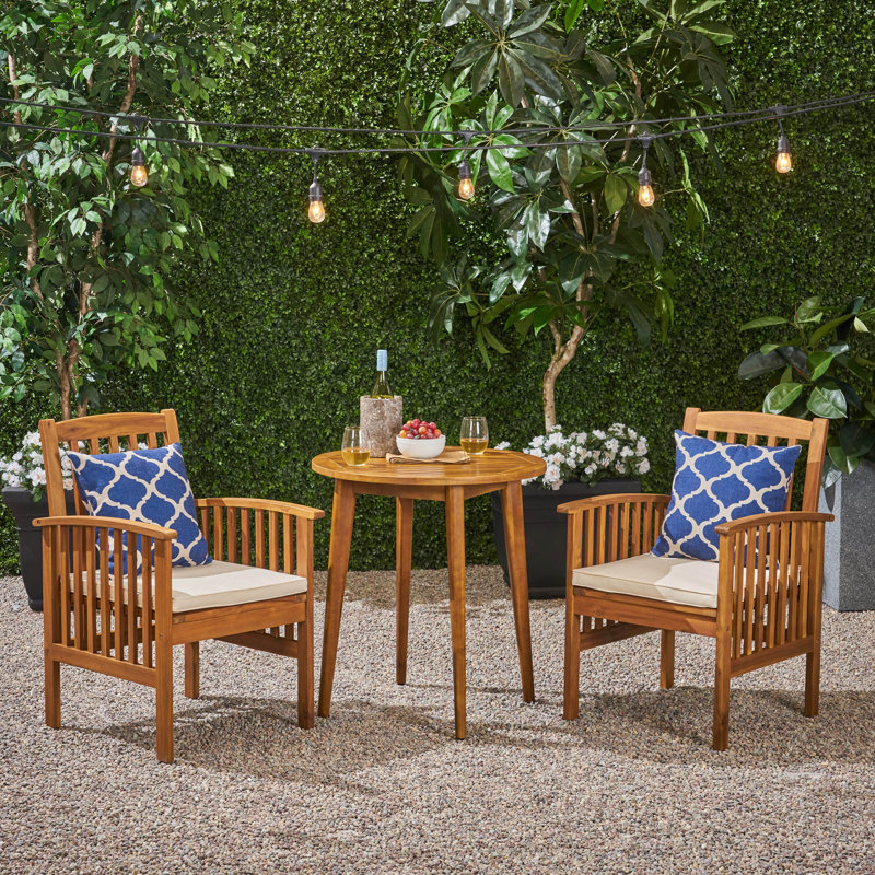 Engelman 2 - Person Acacia Wood Patio Dining Set with Round Table , Cushions Included