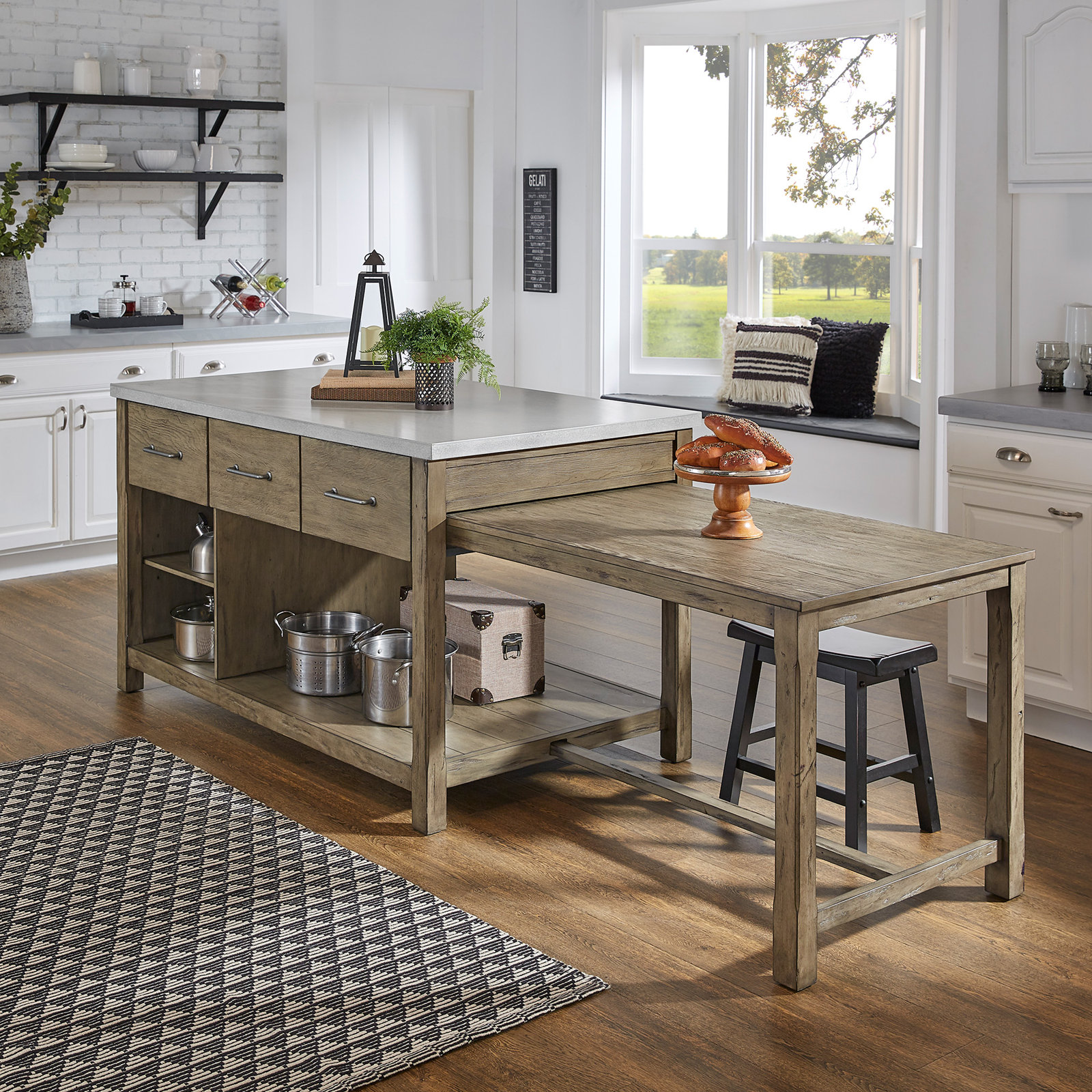 Tinka 3-Drawer Rectangle Pine Kitchen Island , Concrete Veneer, Gray