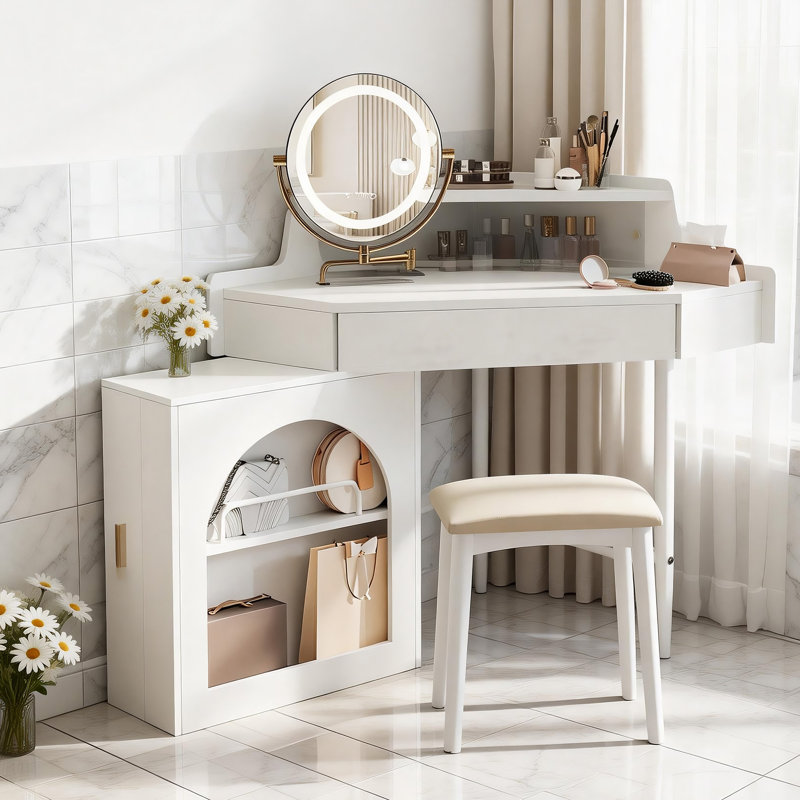 Space-saving Corner Dressing Table With Led Lights Mirror & Stool,corner Makeup Vanity