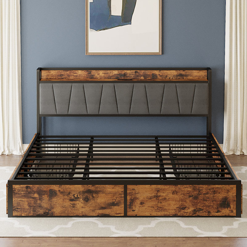 Brown And Gray California King Size Bed, 4 Drawers, Charging Headboard, Stable And Quiet, Spring-free, Easy To Install.