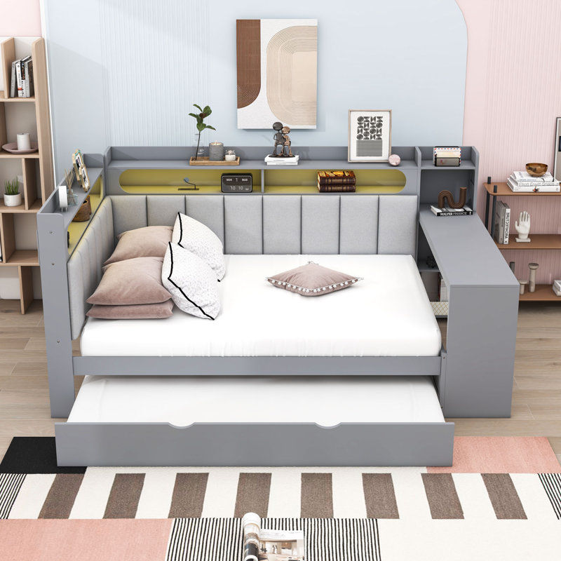 Full Wood Daybed with Trundle, LED Light, Charging Station and Desk, Gray