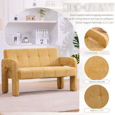 Fauteuil double nordique en chenille jaune pour chambres et coins de lecture luxueux, salons modernes et relaxants