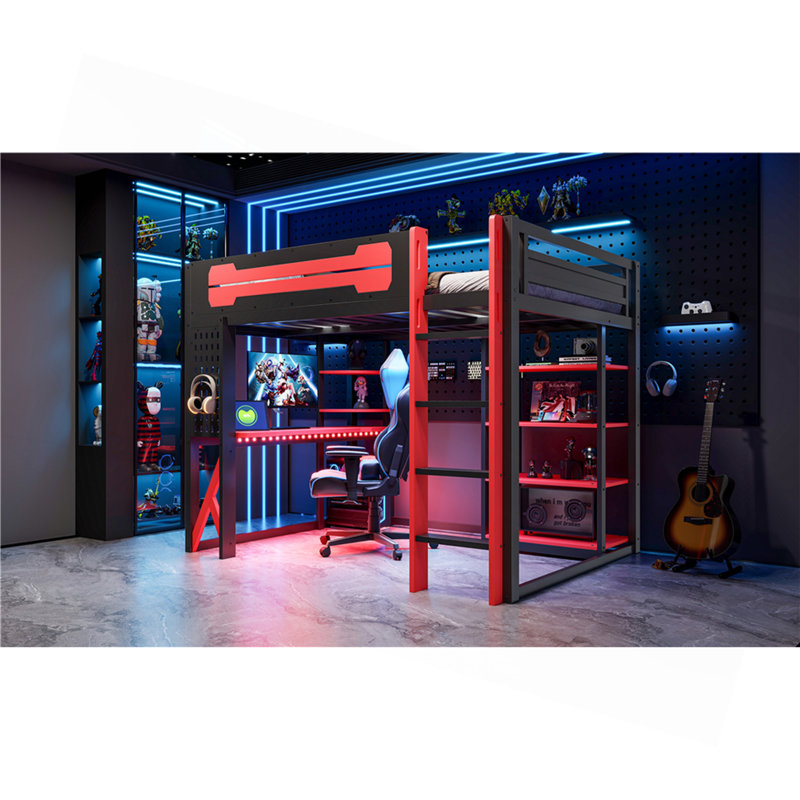 Lit mezzanine double en bois avec bureau, tablettes, prise de courant et ports USB / Type-C, et lumière RVB, noir et rouge