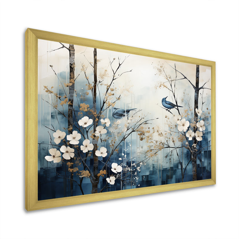 «Blue and White Forest Winter Harmony I», art mural sur toile, Cadre doré simple, H 30 po x l 40 po x P 1,5 po
