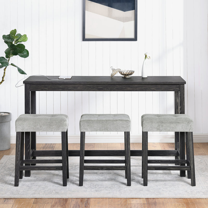 Ensemble de table de bar avec prise de courant, ensemble de table de bar et chaises, ensemble de table de salle à manger 4 pièces, ensemble de table de petit-déjeuner industriel, pour salon, salle à manger, salle de jeux