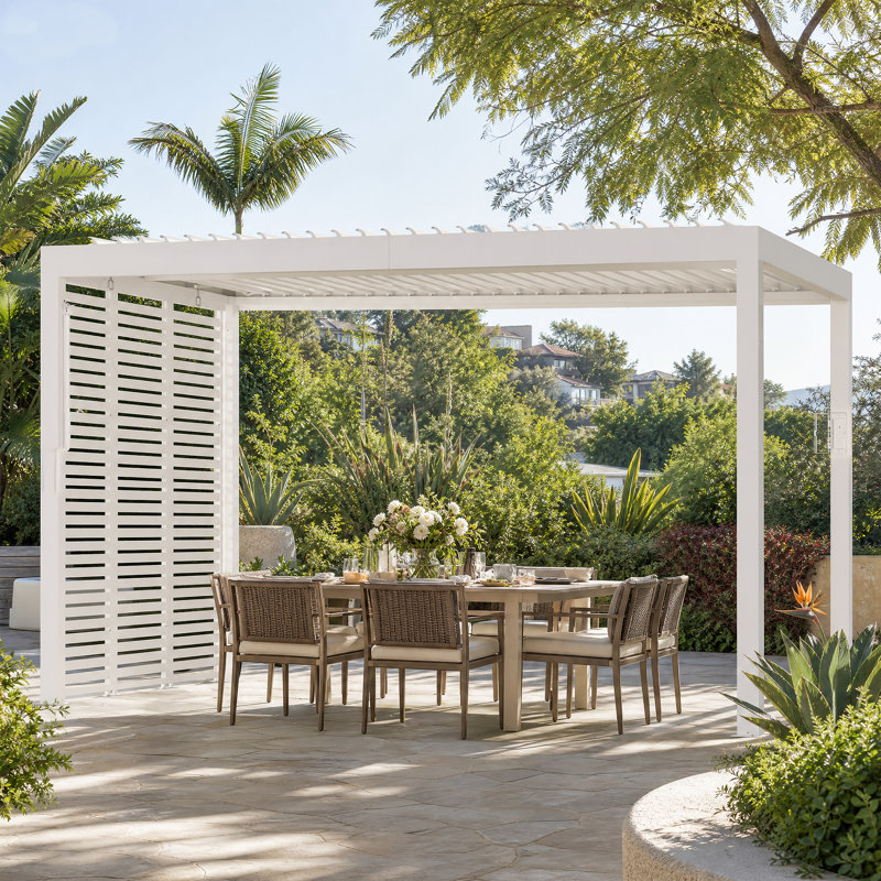 Aurora X 12 pi Pergola à persiennes avec double couche réglable, système de gouttière intégrée et prise d'alimentation USB, écran de grille horizontal extérieur