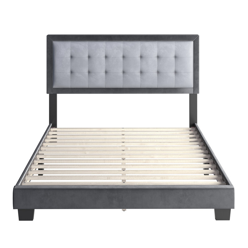 Gray Velvet Tufted Upholstered Queen Platform Bed Frame