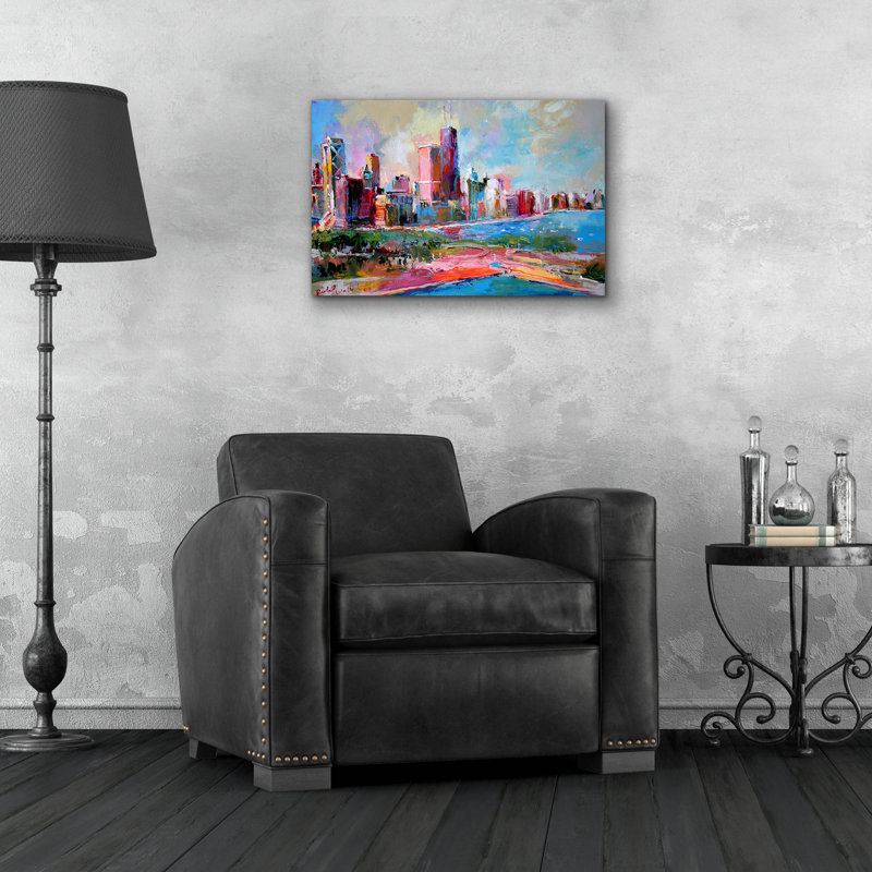 «Cityscape» par Richard Wallich, art mural en verre acrylique, H 16 po x l 24 po x P 0,2 po