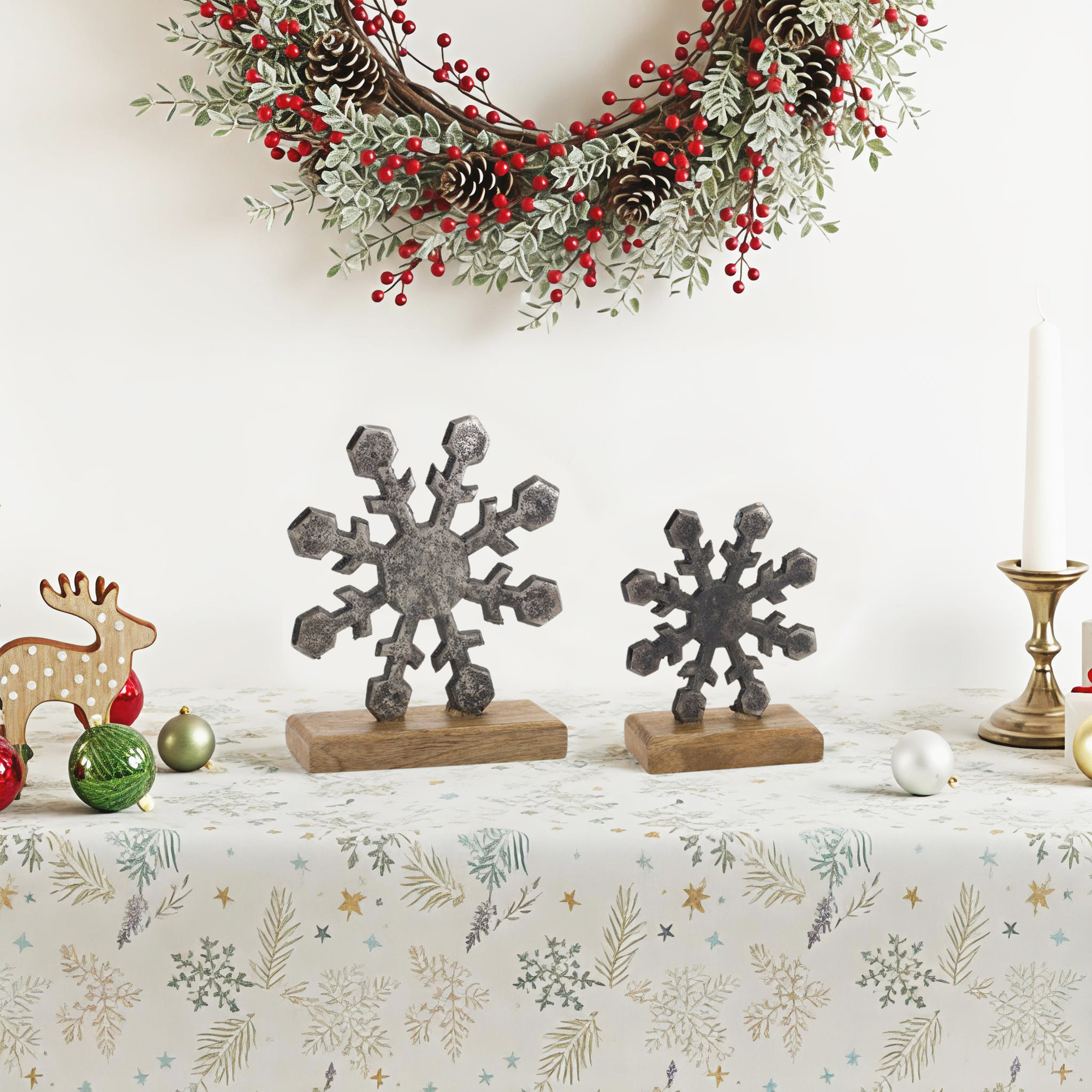 Metal Snowflake on Wood Base (Set of 6)