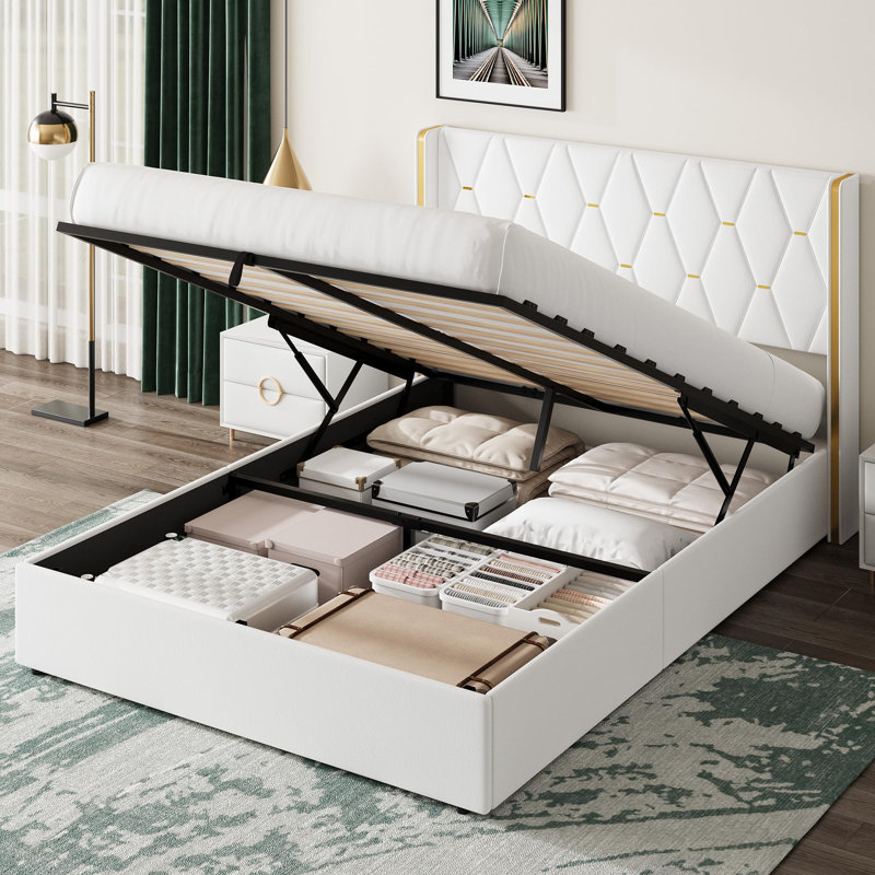 Queen Size Lift Up Storage Bed Frame with with Gold Wingback Headboard, Velvet Upholstered Bed Frame with Diamond Tufted Design & Gold Trim, Hydraulic Support, No Box Spring Needed, White