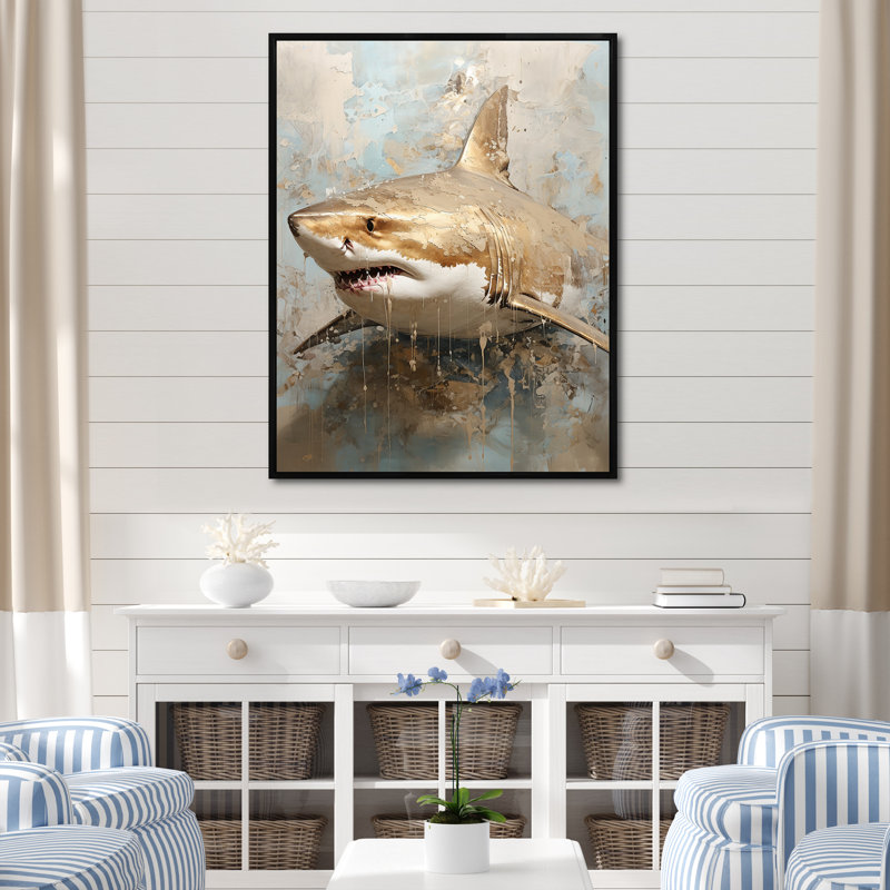 " Minimalism Shark Painting In Golden Beige ", Black Floater Framed, 32" H x 24" W x 1" D