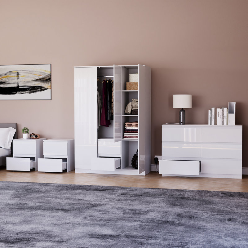 Taniesha 4 Piece Bedroom Set (2 Drawer Bedside Chest X2, 3 Drawer Chest, 2 Door 2 Drawer Wardrobe), (100% FSC), White