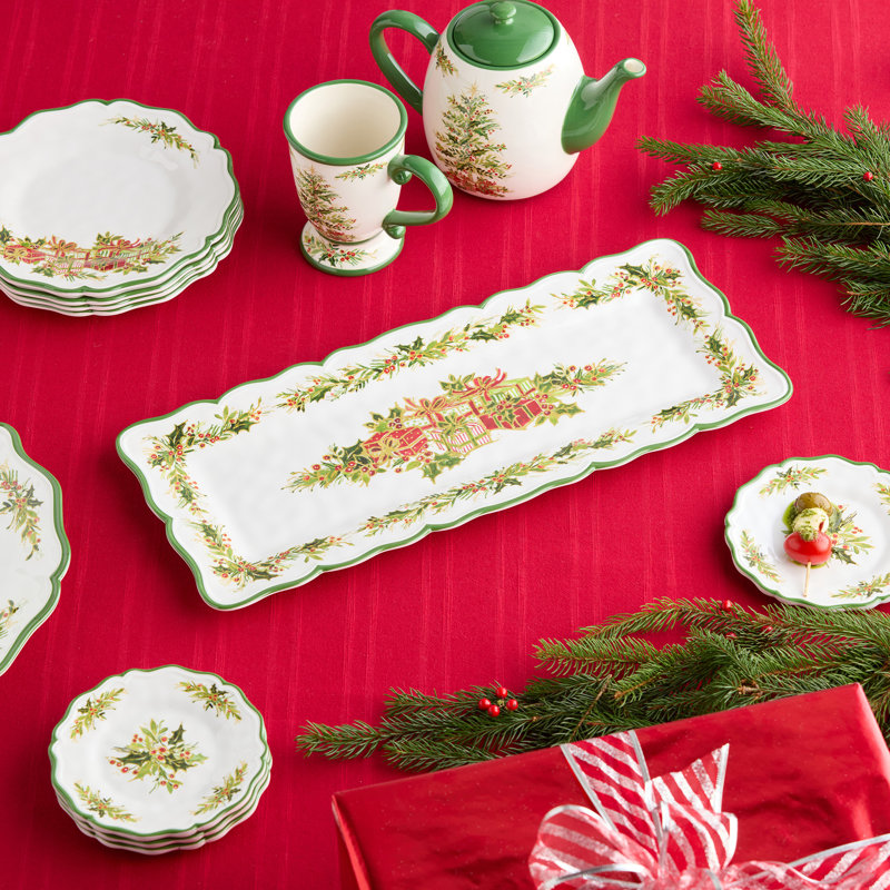 Ensemble d'apéritif de Noël Holly Tree - 2 pièces en mélamine avec plateau à copeaux et plateau rectangulaire en forme d'arbre festif, résistant aux cassures et au lave-vaisselle