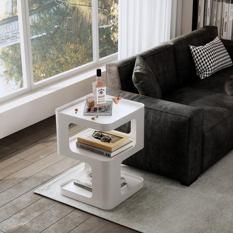 Modern Side Table, Metal Bedside Table With Storage, White