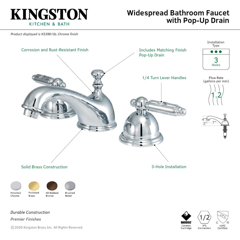 Kingston Brass Georgian Two-Handle 3-Hole Deck Mount Widespread Bathroom Faucet with Brass Pop-Up Drain, Polished Chrome