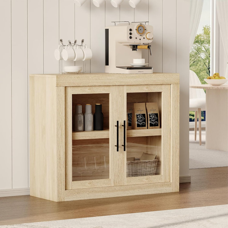 35.4" Sideboard Buffet Cabinet with Storage, Mid Century Modern Accent Cabinet with 2 Glass Doors, Wood Coffee Bar Media Console Credenza for Living Room, Kitchen, Hallway