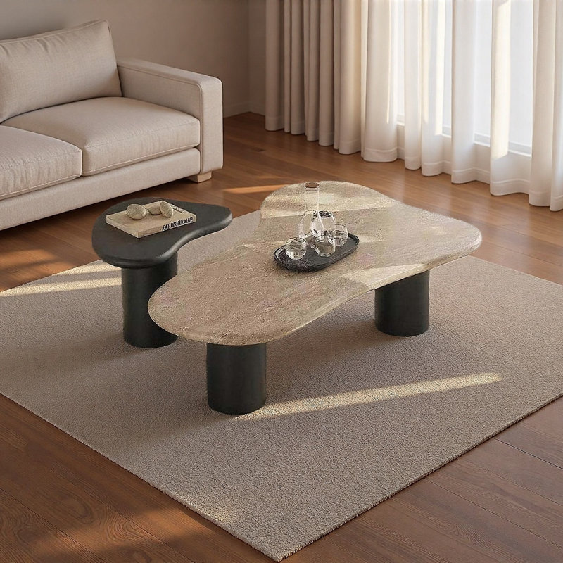 Mid-century Solid Wood Coffee Table, Black, Beige