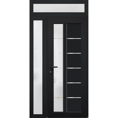 Porte d'entrée extérieure prémontée en PVC-U, verre dépoli, Manux 8088, noir mat, fenêtres latérales et supérieures. Convient aux bureaux, aux commerces et aux habitations. Parfait pour l'entrée, les patios et les garages. Dimensions : L 91,4 cm + 40,6 cm x H 203,2 cm + 35,6 cm. Ouverture à droite vers l'intérieur.