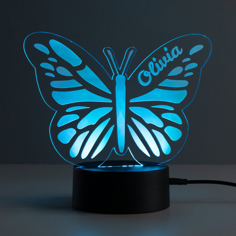 Veilleuse papillon à DEL avec nom personnalisé gravé au laser sur un insert en acrylique