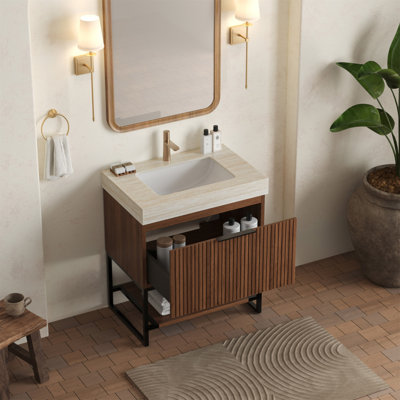 YOLAN 30" Bathroom Vanity&Sink, Freestanding Striped Plywood Storage Cabinet With Drawer&Open Shelf, Roma Travertine Sintered Stone Top&Undermount Ceramic Basin, Pre-Assembled