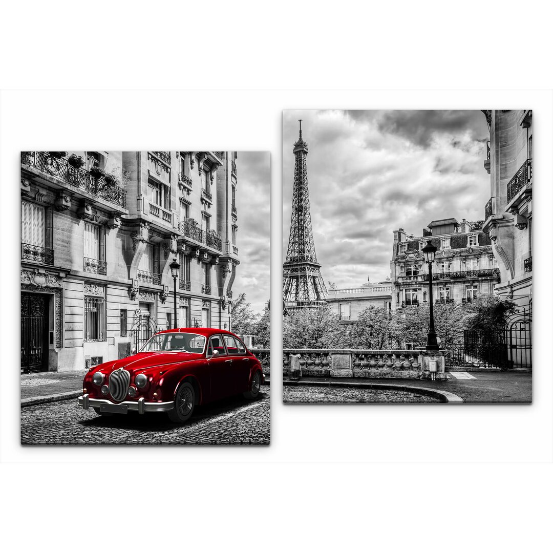 2-tlg. Leinwandbilder-Set Retro Rotes Auto in Paris