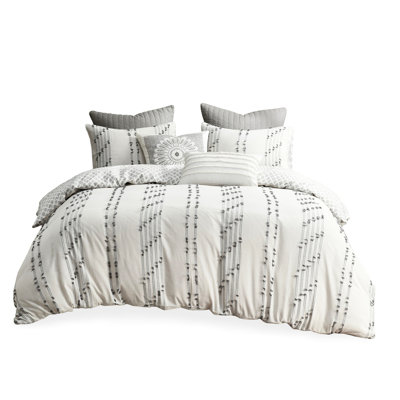 And Gray Cotton Bedding Full/Queen - Button Closure, 4 Inner Ties, Reversible, Machine Wash, , , , -, 3 Piece Duvet Cover Ground With Stripes, Reverse Pattern, Closure