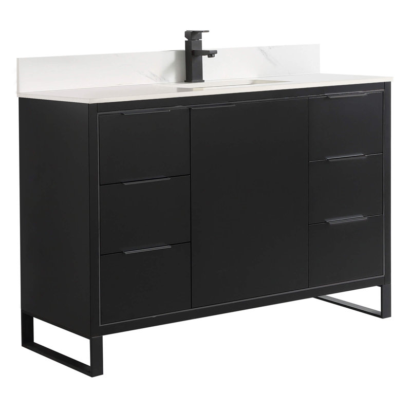 Meuble-lavabo simple autoportant 48 po avec plateau en pierre Gerwyn, Noir mat, Noir mat