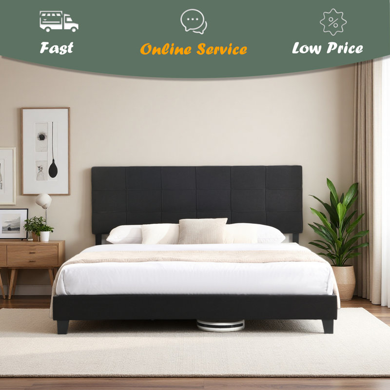 Très grande base de lit tapissier avec tête de lit en tissu de lin, aucun sommier requis, support à lattes de bois, assemblage facile