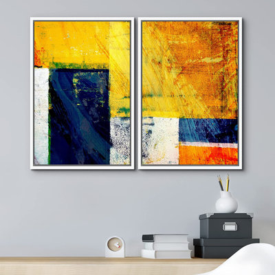 Blocs de couleur pastel jaune néon / bleu marine - reproduction sur toile 2 pièces